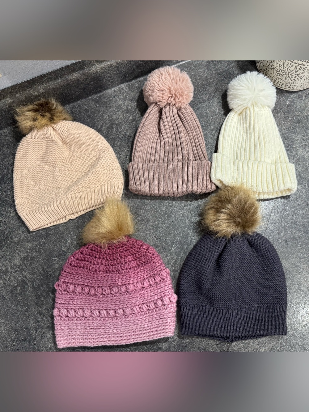 NWOT Pom-Pom Beanie Hat - Pink, Blush, Ivory, Mauve, Charcoal